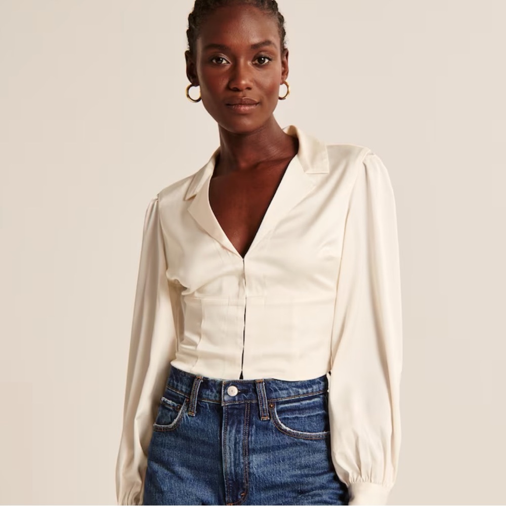 Abercrombie & Fitch Long-Sleeve Satin Hook-and-Eye Shirt - Olive Green